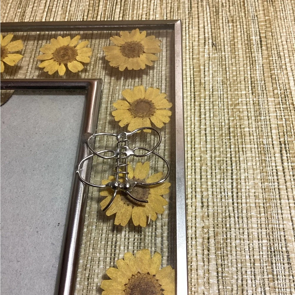 Pressed Sunflower in Glass Photo Frame with Silver Accents of Butterflies